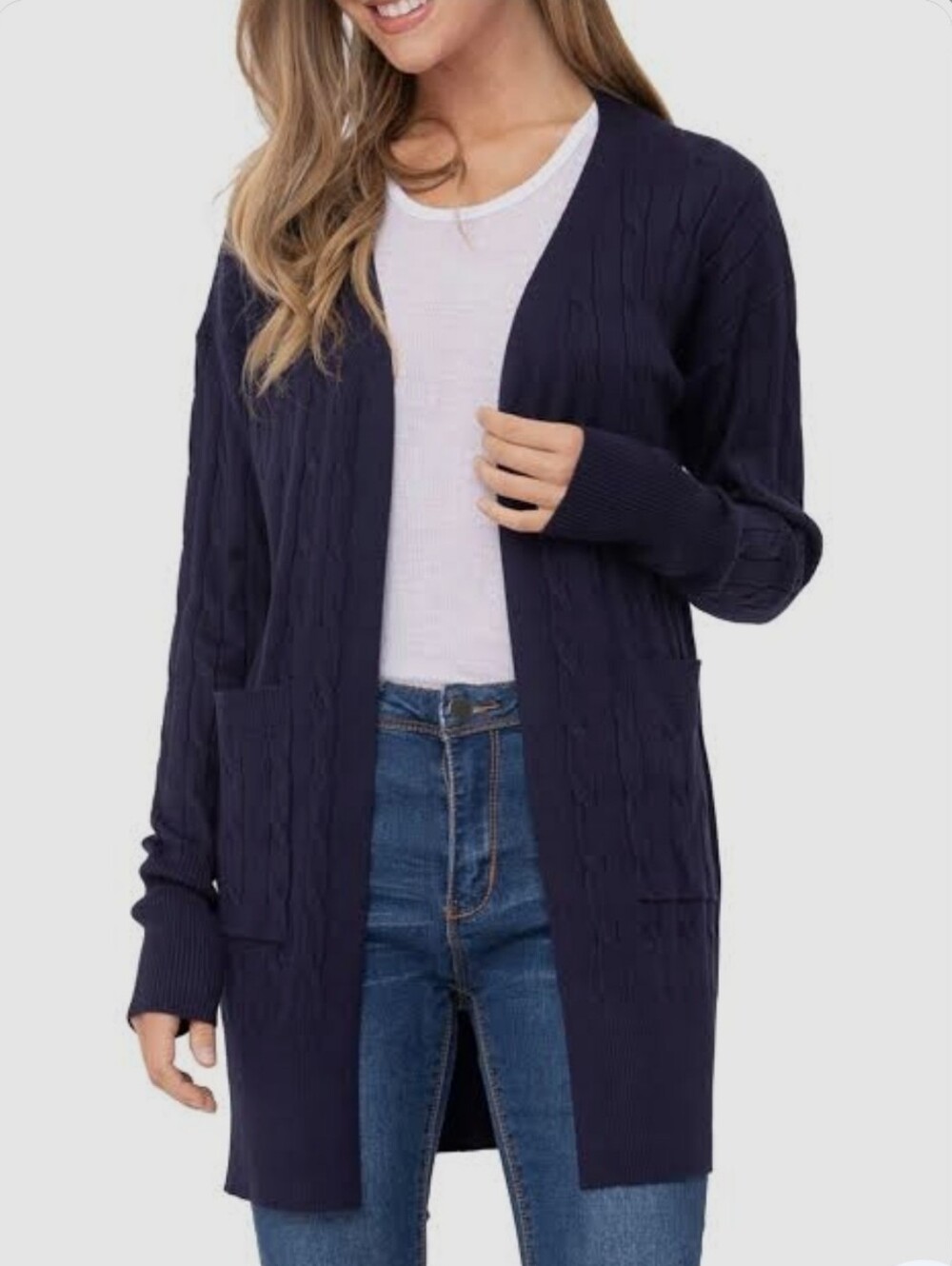 Navy Blue Cable Knit Open Front Cardigan Sz XL